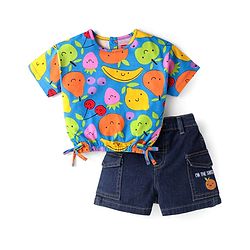 Babyhug Single Jersey Knit Half Sleeves Fruit Printed Top & Embroidered Denim Shorts Set - Blue