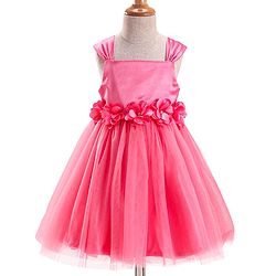 Babyhug Woven Sleeveless Fit & Flare Party Frock with Straps & Floral Applique - Dark Pink