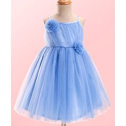 Babyhug Woven Sleeveless Mesh Party Dress With Floral Corsage - Light Blue