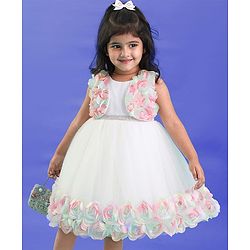 Babyhug Woven Sleeveless Party Dress With Floral 3D Applique & Glitter Print - White