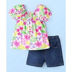 Babyhug Single Jersey Knit Half Sleeves Floral Printed Top & Solid Denim Shorts Set - White & Blue