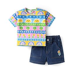Babyhug Single Jersey Knit Half Sleeves Printed Top & Floral Embroidered Denim Shorts Set - Blue