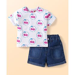 Babyhug Terry Knit Half Sleeves T-Shirt & Shorts Set With Cherry Print - White & Navy Blue