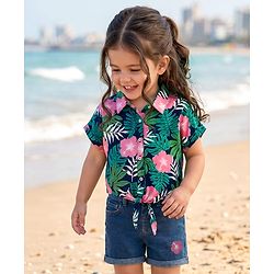 Babyhug Rayon Woven Half Sleeves Front Open Top & Denim Shorts Set With Floral Print & Embroidery - Navy Blue