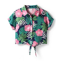 Babyhug Rayon Woven Half Sleeves Front Open Top & Denim Shorts Set With Floral Print & Embroidery - Navy Blue