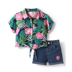 Babyhug Rayon Woven Half Sleeves Front Open Top & Denim Shorts Set With Floral Print & Embroidery - Navy Blue