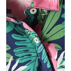 Babyhug Rayon Woven Half Sleeves Front Open Top & Denim Shorts Set With Floral Print & Embroidery - Navy Blue