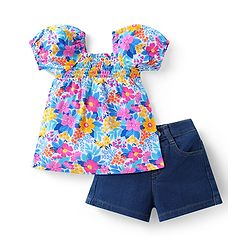 Babyhug Single Jersey Knit Half Puffed Sleeves Top & Shorts Set With Floral Print - White & Navy Blue