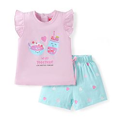 Babyhug Cotton Knit Frill Sleeves Shorts Night Suit with Hearts & Text Print - Pink