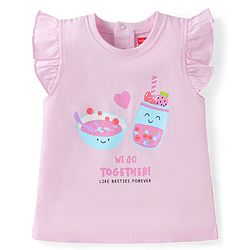 Babyhug Cotton Knit Frill Sleeves Shorts Night Suit with Hearts & Text Print - Pink