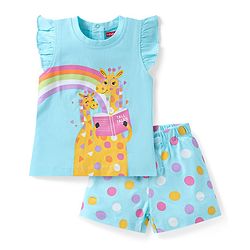 Babyhug Cotton Knit Frill Sleeves Shorts Night Suit with Giraffe & Polka Dots Print - Light Blue