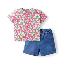 Babyhug Single Jersey Knit Half Sleeves Floral Printed T-Shirt & Solid Denim Shorts Set - Pink & Blue