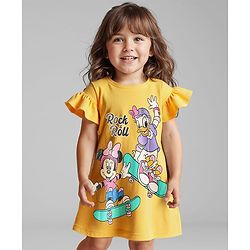 Babyhug Disney Single Jersey Knit Half Sleeves Frock With Minnie & Daisy Graphic - Yellow
