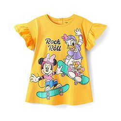 Babyhug Disney Single Jersey Knit Half Sleeves Frock With Minnie & Daisy Graphic - Yellow
