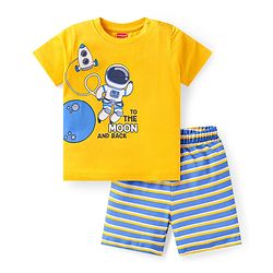Babyhug Cotton Knit Half Sleeves Shorts Night Suit with Space Theme Print & Stripes - Yellow