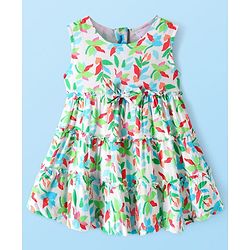 Babyhug Woven Sleeveless Frock with Tropical Theme Print & Bow Applique - White