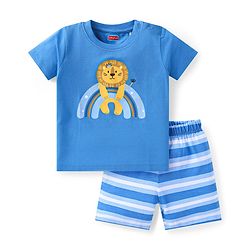 Babyhug Cotton Knit Half Sleeves Shorts Night Suit with Stripes & Lion Print - Blue