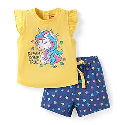 Babyhug Cotton Knit Frill Sleeves Shorts Night Suit with Star & Unicorn Print - Yellow & Navy Blue