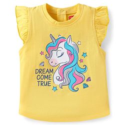 Babyhug Cotton Knit Frill Sleeves Shorts Night Suit with Star & Unicorn Print - Yellow & Navy Blue