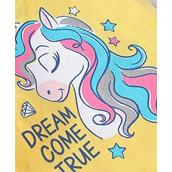 Babyhug Cotton Knit Frill Sleeves Shorts Night Suit with Star & Unicorn Print - Yellow & Navy Blue
