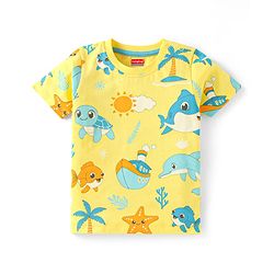 Babyhug Cotton Knit Half Sleeves Shorts Night Suit With Sea Animals Print - Yellow
