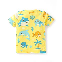Babyhug Cotton Knit Half Sleeves Shorts Night Suit With Sea Animals Print - Yellow