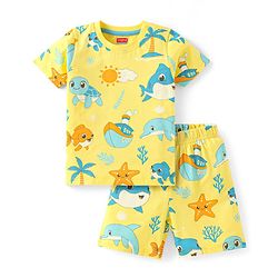 Babyhug Cotton Knit Half Sleeves Shorts Night Suit With Sea Animals Print - Yellow