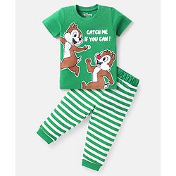 Babyhug Disney Single Jersey Knit Half Sleeves Night Suit With Chip N Dale Graphic -  Green & White