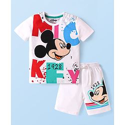 Babyhug Disney Single Jersey Knit Half Sleeves T-Shirt & Shorts Set with Mickey Mouse Graphics - White