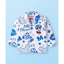 Babyhug Disney Single Jersey Knit Full Sleeves  Front Open Night Suit with Mikcey Mouse Graphic - White & Blue