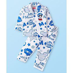 Babyhug Disney Single Jersey Knit Full Sleeves  Front Open Night Suit with Mikcey Mouse Graphic - White & Blue