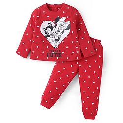 Babyhug Disney Single Jersey Knit Full Sleeves Night Suit With Minnie Mouse Graphics - Red