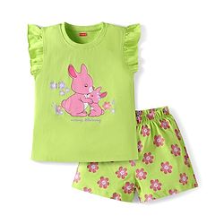 Babyhug Cotton Knit Frill Sleeves Night Suit with Bunny Print - Green
