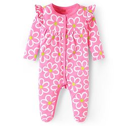 Babyhug Cotton Knit Full Sleeves Footed Sleep Suit with Floral Print & Frill Detailing - Pink