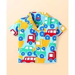 Babyhug Cotton Knit Half Sleeves Shorts Night Suit With Car Print - Light Blue