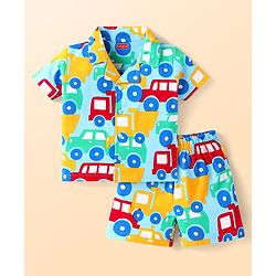 Babyhug Cotton Knit Half Sleeves Shorts Night Suit With Car Print - Light Blue