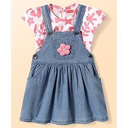 Babyhug Cotton Knit Frock with Half Sleeves Innner T- Shirts With Flower Applique - Pink