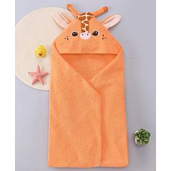 Babyhug Terry Woven Hooded Wrapper with Giraffe Applique L 76.2 x B 76.2 cm - Orange