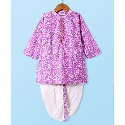 Babyhug Cotton Woven Full Sleeves Dhoti Kurta Set with Floral Print - Plum