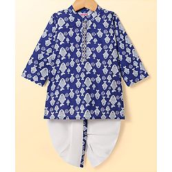 Babyhug Cotton Woven Full Sleeves Kurta Dhoti Set With Fish Print - Navy Blue