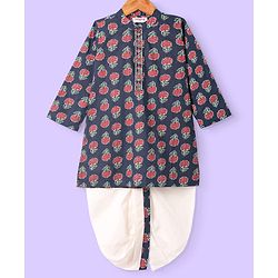 Babyhug Cotton Woven Full Sleeves Kurta Dhoti Set With Floral Print - Navy Blue