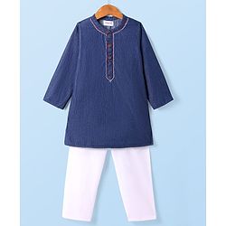 Babyhug Cotton Woven Full Sleeves Solid Color Kurta Pyjama Set - Navy Blue