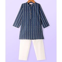 Babyhug Cotton Woven Full Sleeves Printed Kurta Pyjama Set - Navy Blue