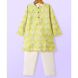 Babyhug Cotton Woven Full Sleeves Kurta & Pyjama Set With Hexagon Print- Green