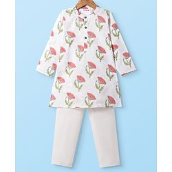 Babyhug Cotton Woven Full Sleeves Kurta Pyjama Set With Floral Print - White