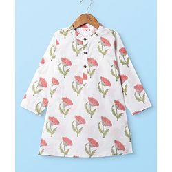 Babyhug Cotton Woven Full Sleeves Kurta Pyjama Set With Floral Print - White