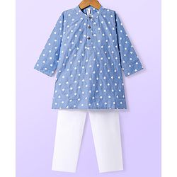 Babyhug Cotton Woven Full Sleeves Kurta & Pyjama Set With Floral Embroidery - Blue