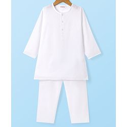 Babyhug Cotton Woven Full Sleeves Kurta & Pyjama Set With Embroidery - White