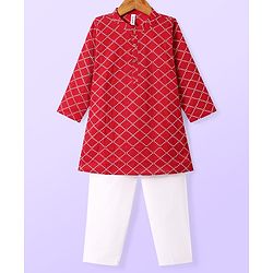 Babyhug Cotton Woven Full Sleeves Kurta & Pyjama Set With Square Embroidery - Red