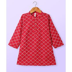 Babyhug Cotton Woven Full Sleeves Kurta & Pyjama Set With Square Embroidery - Red